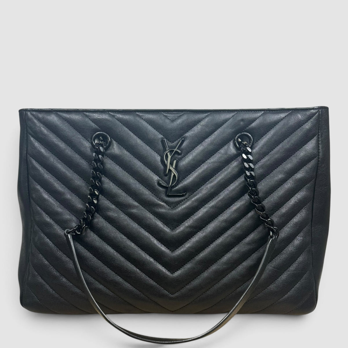 Saint Laurent Chevron Leather Shopper — Black